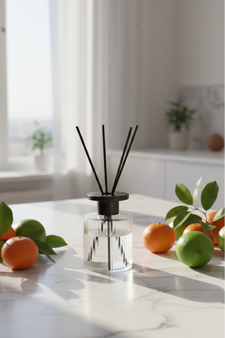 The One Year Diffuser with sticks on a marble surface with fruits and leaves