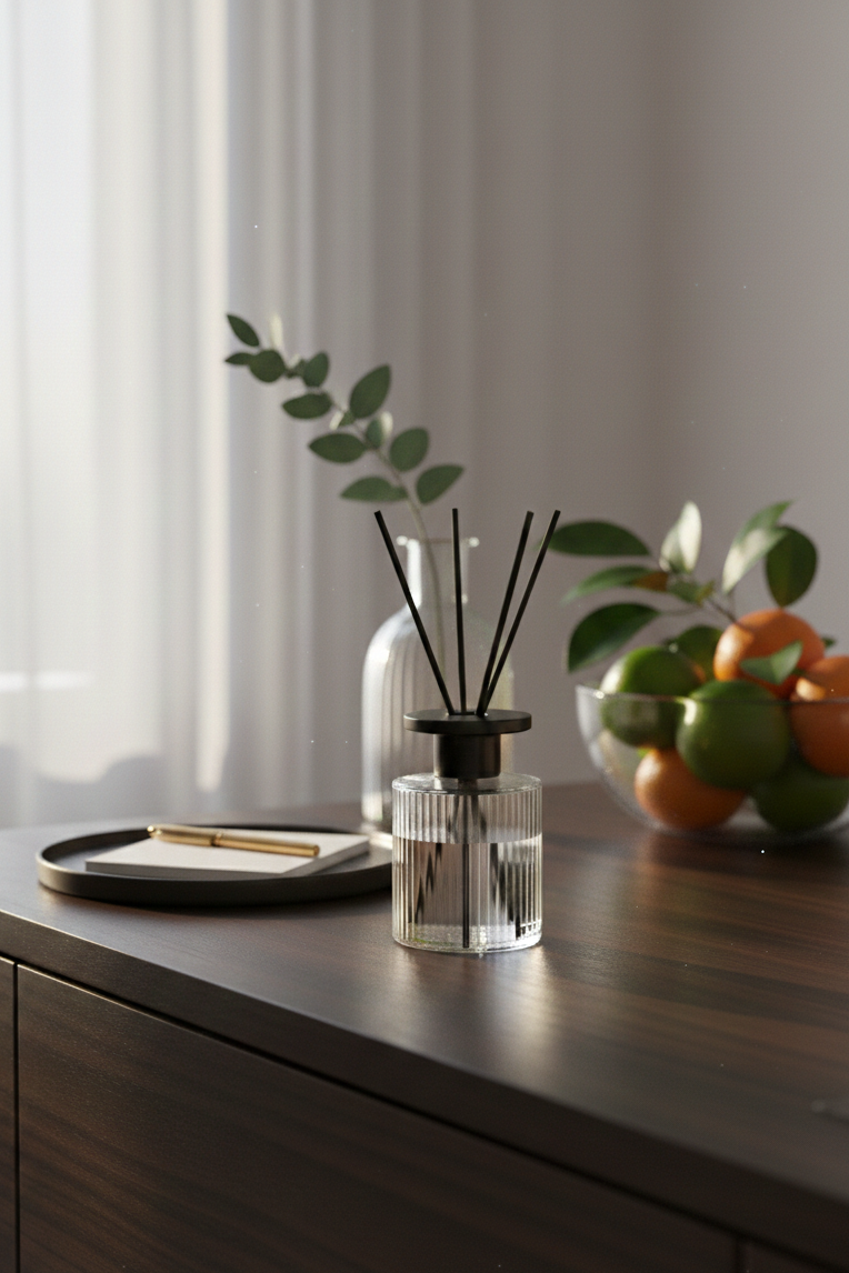 A beautiful wooden desk with The One Year Diffuser, oranges & limes & warm light