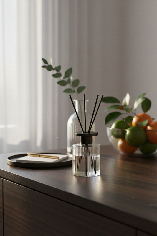 A beautiful wooden desk with The One Year Diffuser, oranges & limes & warm light