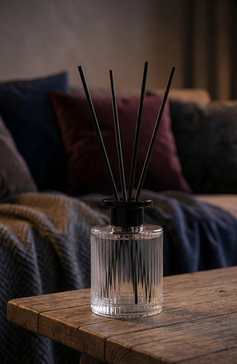The One Year Diffuser diffuser bottle with black sticks on a wooden table in a cozy living room setting.