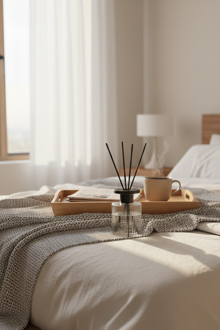 Bedroom with a tray of items on a bed, including a mug and The One Year Diffuser.