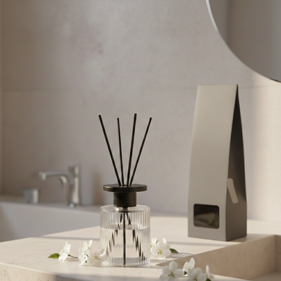 A diffuser with black sticks on a white surface next to a box, with a neutral background.