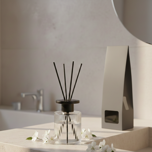 A diffuser with black sticks on a white surface next to a box, with a neutral background.